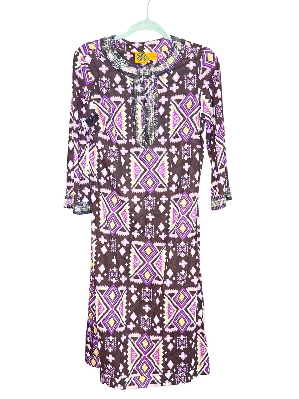 Tory Burch Printed Tunic Dress Purple Brown Geometric Embroidered Neck Size 4 - Picture 2 of 9